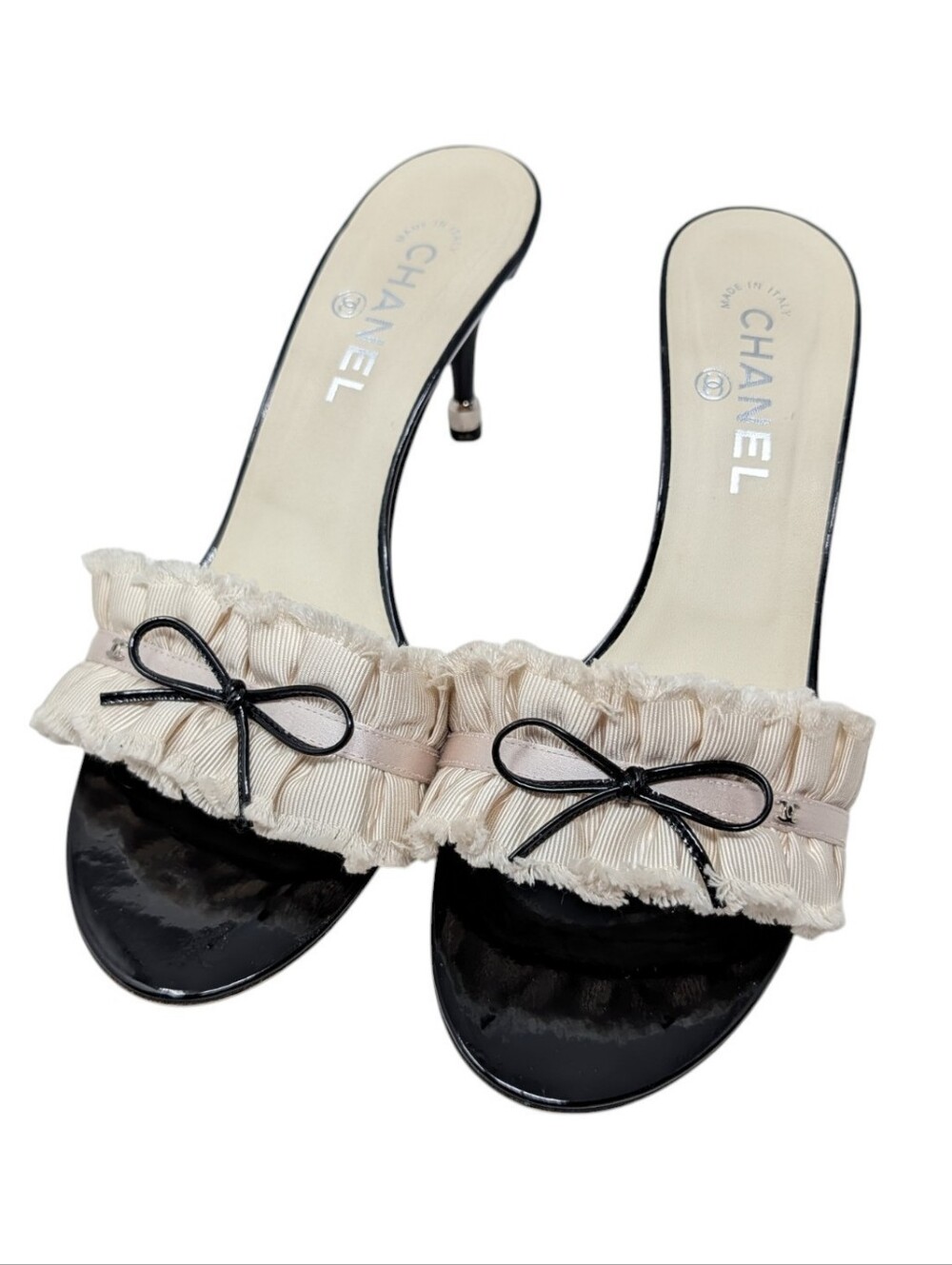 Chanel Ruffled Bow Interlocking CC Patent Black Ivory Mule Dress Up Sandal EU 40 - Picture 10 of 16